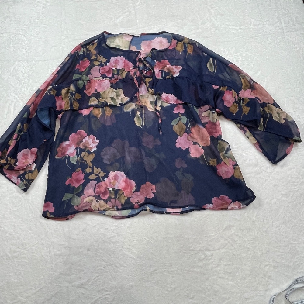 Easel Los Angeles Navy Floral‎ Sheer Ruffle Tie Neck Blouse Womens M Whimsical